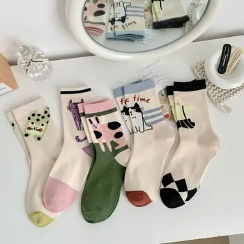 1 чифт сладък ретро карикатура котка чорапи жени момичета Kawaii Harajuku памучни чорапи случайни чорапи средна тръба