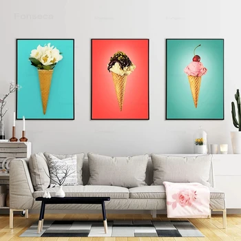 Ice Cream Bouquet Canvas Print Painting Vanilla Cherry Icecream Poster Convenience Store Wall Art Pictures Kitchen Home Decor