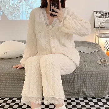 Solid Wear Piiama корейски жени дантела пухкав панталон костюм спално облекло руно нощ дом 2 топло 2023 пижама комплект зима сладък парче бял