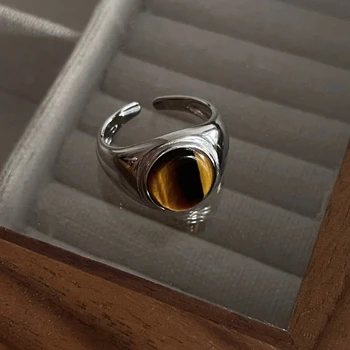 Tigereye S925 Отваряне на сребърен пръстен Женска ниша темперамент прилив широк пръстен за паста