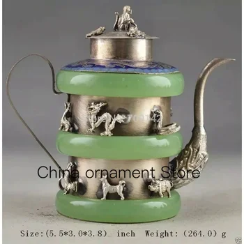 Декорация Древна ръчно изработена нефритена инкрустация сребро 12 Зодиак чайник маймуна капак Чайник Ръчна работа Статуя Тибет Мяо Антично старо сребро