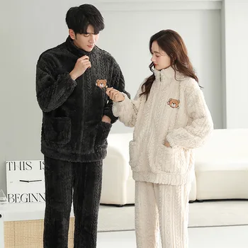 Жени и мъже съвпадение зимни Homewear фланела топло нощно облекло цип мода пижами набор корейски корал руно двойки пижами