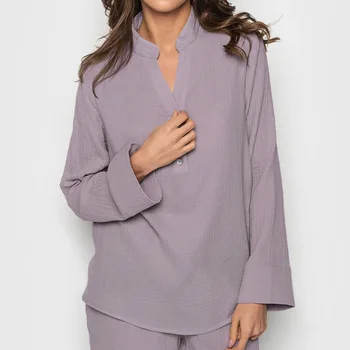 Модни нови пижами комплекти за жени меки твърди крепежни дами Начало спално облекло стойка яка дълъг ръкав + панталони 2бр лилава нощница