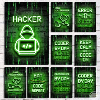 Неоново изкуство хакер компютърен плакат програмист геймър ден нощ стена изкуство картина игра платно картини принтове за декорация на дома