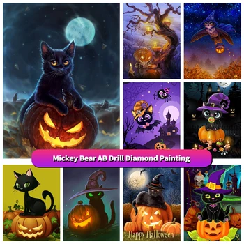 Хелоуин сладък черна котка тиква DIY AB диамант живопис кръстат бод комплект 5D пълна тренировка мозайка бродерия кристал дома декор