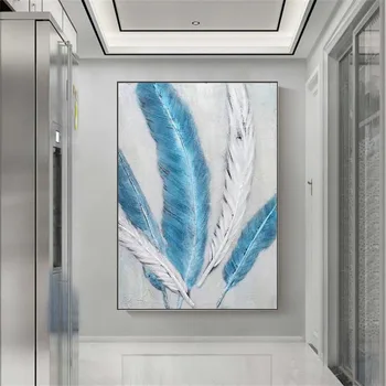 Чисто ръчно рисувано синьо-бяло платно от пера, ръчно абстрактно маслена живопис, стена, модерна декорация на дома, веранда изкуство