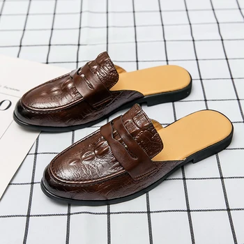100% естествена кожа черна мъжка половина обувки за мъже обувки мулета случайни дизайнерски обувки мода мокасини луксозни кафяви чехли 2023