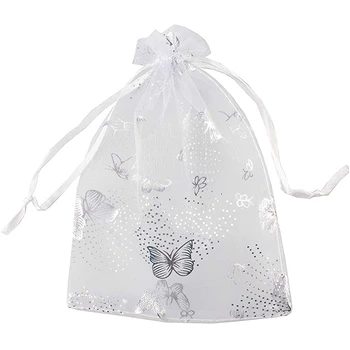 100Pcs 9X12cm пеперуда органза бижута подарък торбичка бонбони торбичка шнур сватба полза чанти бял