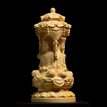 15cm 3 лица Амитабха Гуанин Бодхисатва Китайски чемшир дърворезба богове статуя на Буда стая декор