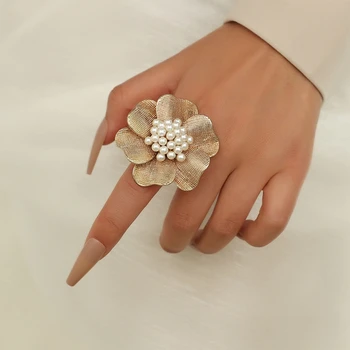 1PC Нов преувеличен метална сплав перла цвете пръстени за жени реколта злато цвят голям цвете отворен регулируеми пръст пръстен