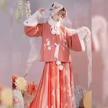 2 цвята Ming династия половин ръкав 4Pc ханфу рокля комплект китайски стил момичета жени сгъстяват зимата Нова година памук подплатени яке