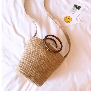 2018 горещи продажби ръчно изработени сладка кофа чанта слама чанти плажни чанти кофа празник плетени чанти за момичета бохемски момичета тъкани чанта