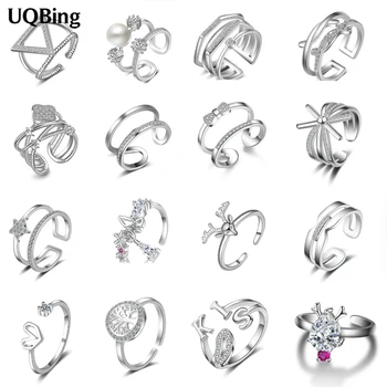 2020 Геометричен луксозен сребърен цвят CZ Циркон звезда / триъгълник / Bowknot жени сватбени пръстени на едро бижута