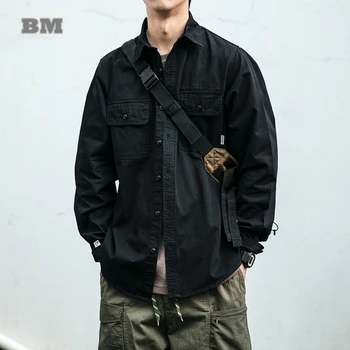 2022 Пролет Есен Корейски Loose Casual дълъг ръкав Японски Streetwear Ретро карго ризи Harajuku Висококачествено черно палто Мъже