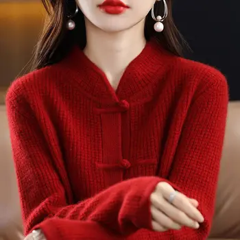 2023 есен зима китайски ретро стил cheongsam бутон стойка яка дълъг ръкав плета пуловер блуза китайски tang костюм отгоре s619