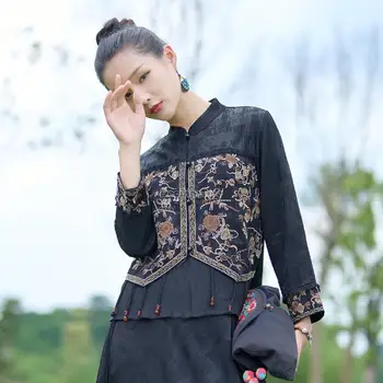 2023 нов китайски национален стил бродирани ръчно изработени стойка яка дълъг leve върховете жени китайски ретро елегантна блуза s845