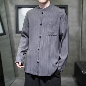 2023Fall Crewneck мъжки раиран дълъг ръкав риза яке китайски традиционен Tang костюм Hanfu случайни хлабав стендъп яка яке