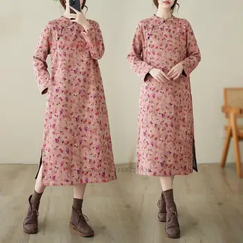2024 китайски подобрен cheongsam древна традиционна рокля с руно подплата национална рокля с печат на цветя qipao ориенталска етническа рокля