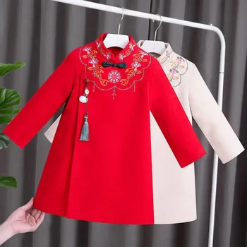 2024 Нова година китайски стил Qipao флорална рокля Tang-костюм детски дрехи деца дебела ханфу бродерия Cheongsam за момичета
