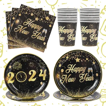 2024 Новогодишно парти Черно злато за еднократна употреба прибори за хранене хартиени салфетки плоча чаша покривка декорации за дома Честита Нова Година