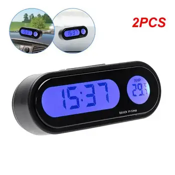 2PCS Мини кола електронен часовник автоматично табло часовници светлинен термометър време цифров дисплей стена монтиране кола часовник часовник