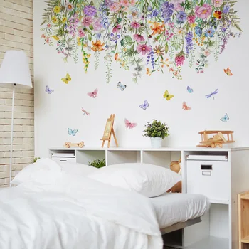 2pcs полумесец цвят растение цвете пеперуда стена стикер хол спалня дома декоративни стенопис стена стикер тапет ms609