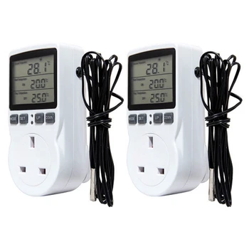 2X цифров температурен контролер Термостат Outlet Socket Plug Отопление Охлаждане Таймер за Homebrew Greenhouse UK Plug