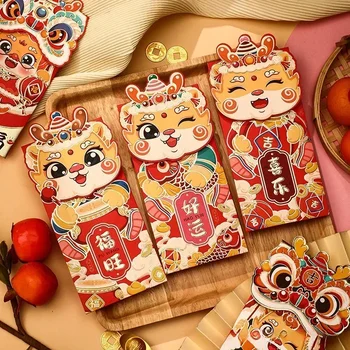 4бр/комплект 2024 година китайски стил червен дракон модел чанта сладък новогодишен пакет подаръци хартия късмет пари чанта Китай пликове декор