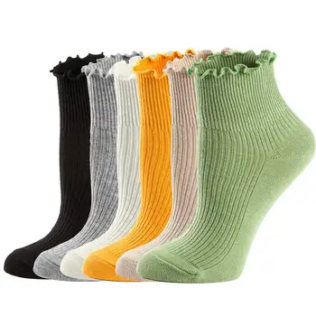 5 чифта дамски чорапи Лолита стил японски девица къдрици памук плетене плътен цвят дишаща принцеса екипажа чорапи калцетини