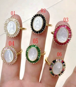 5Pcs 18k позлатени мода моп черупка Дева Мария пръстени религиозни бижута микро циркон овален отворен пръстен католически за жени мъже