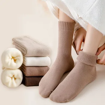 6 двойки жени удебелени топли чорапи плюшени и удебелени топли средата тръба хавлиени плътен цвят следродилна чорапи за есента и зимата