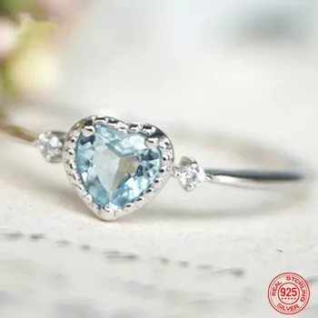 925 стерлинги сребърен чар сърце форма аквамарин пръстен за жени мода годеж бижута парти подарък
