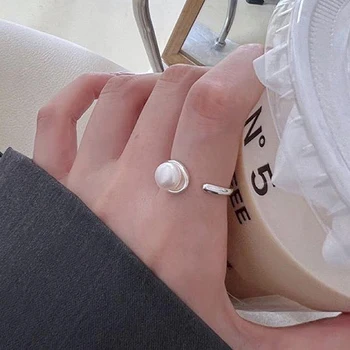 925 стерлинги сребърна перла геометрия отваряне пръстен показалец регулируема за жени момиче нежна мода бижута парти