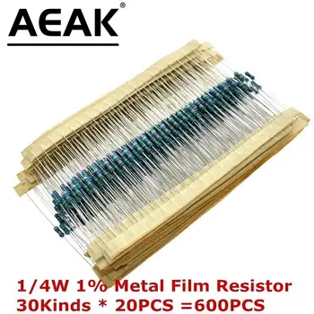 AEAK 600PCS /Set 1/4W съпротивление 1% 30 вида Всяка стойност метален филм резистор асортимент комплект резистори
