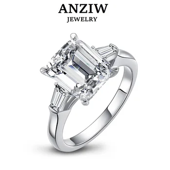 Anziw Луксозен 4-каратов Emeraled Cut пръстен за жени Solid 925 стерлинги сребро три камъка пръстени сватба годежни бижута подарък