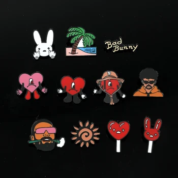 Bad Bunny Brooch Creative Jewelry Red Heart Rapper Bad Rabbit Enamel Pin Clothing Backpack Pins Accessories for Kids Gift