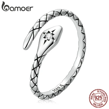 BAMOER 925 стерлинги сребро реколта тъмна змия отворени пръстени за жени модел ослепителен циркон регулируеми пръстен модни бижута подарък