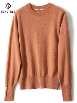 Birdtree 100% кашмир пуловер жените твърди кръг врата нежна ретро тънък гъвкав удобен пътуват пуловер есента T3D534QD