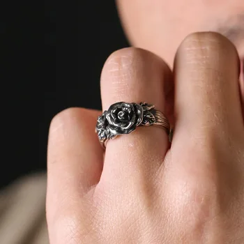 Buyee 925 стерлинги сребърен етнически пръстен роза цвете любовник двойки безименен пръст за момиче жена мъж парти сив фин бижута кръг