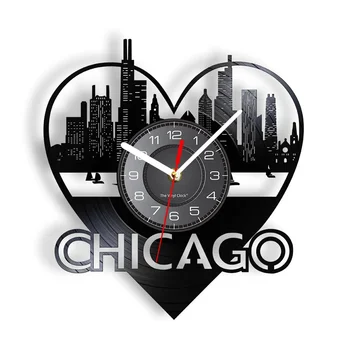 Chicago City Architecture Wall Art Wall Clock Home Decor Chicago Skyline Cityscape Vinyl Record Wall Clock USA Travel Souvenir