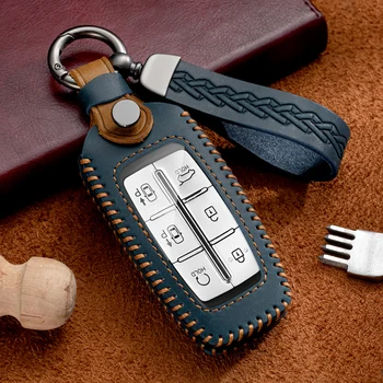 Crazy Horse Leather Car Remote Key Cover Fob Case Holder Shell За Hyundai Genesis G80 GV70 GV80 2019 2020 Аксесоари за ключодържатели