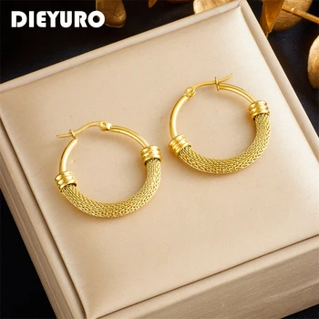 DIEYURO 316L неръждаема стомана злато цвят кръгъл обръч висулка обеци за жени момиче мода ухото ключалката бижута сватбен подарък
