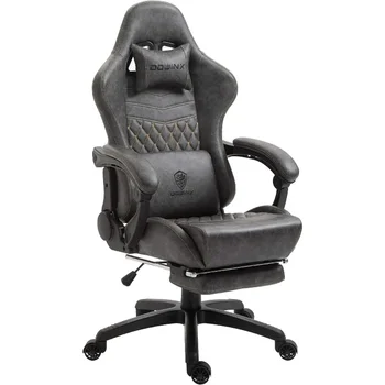 Dox Gaming Office, компютър с масаж лумбална подкрепа, реколта стил PU кожа висока обратно регулируема въртящ се задача стол с подложка за крака