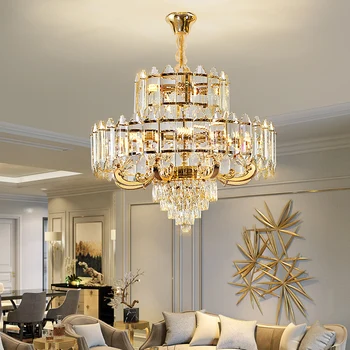 E14 Кристал луксозен ретро полилей класически европейски стил лампа за хол спалня нефрит вила дуплекс сграда висящи светлина