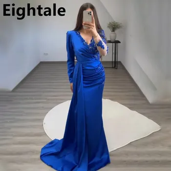 Eightale дълъг ръкав Royal Blue русалка луксозна вечерна рокля с апликации мъниста арабски етаж дължина страна цепка бала парти рокля