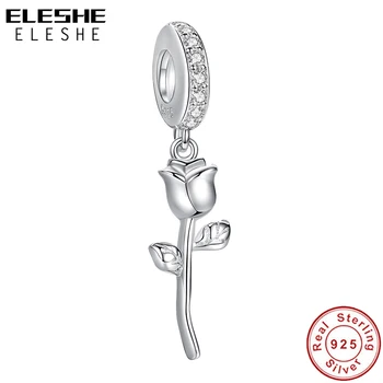 ELESHE Автентичен 925 стерлингово сребро с CZ мъниста роза цвете висулка чар за жени годни сребро 925 гривни DIY бижута 2021