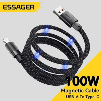 Essager 7A USB A към тип C кабел за бързо зареждане 100W магнитно засмукване против навиване на данни кабел за iPhone 15 лаптоп MacBook