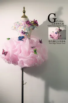 Exclusive създаване бродира bowknot дантела Cheongsam в китайски стил Танцово парти Рожден ден Коледна момичешка вечерна рокля