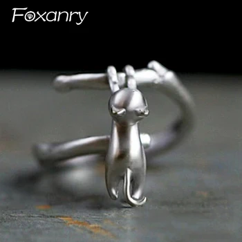 Foxanry сребърен цвят сладък котка геометрични пръстени за жени момичета творчески дизайн модерен личност рожден ден бижута подарък на едро