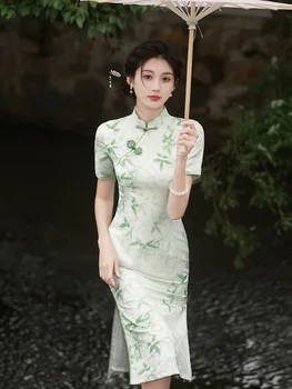 FZSLCYIYI традиционен реколта мандарин яка къс ръкав тънък жени Qipao китайски Femme отпечатани сатен Cheongsam рокля